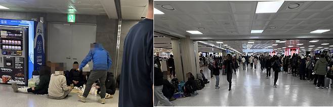 제주국제공항 탑승구 앞에서 승객들이 돗자리를 깔고 맥주를 마시거나, 기둥 주변 바닥에 앉아 비행기를 기다리고 있다. 황수영 기자