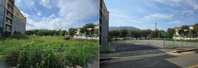 대구 북구청이 유휴 주차장 개방과 공한지를 활용한 임시 공영주차장 조성으로 도심 주차난 해법을 찾는다. 사진은 지난해 유휴 부지를 활용한 임시 공영주차장 조성 전과 후의 모습. 북구청 제공&nbsp;