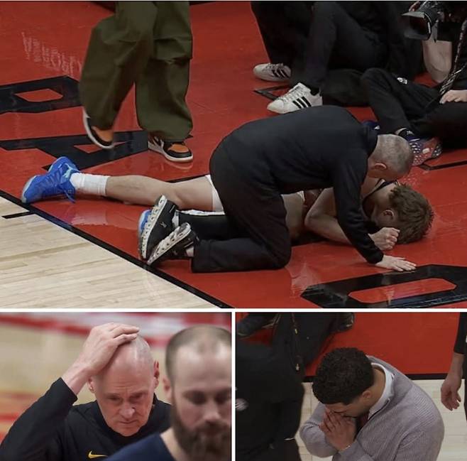 9일(한국시간) 열린 토론토전에서 덩크 후 무릎 통증을 호소한 조니 퍼피와 이를 안타깝게 지켜본 릭 칼라일 감독 등의 모습. @Fox sports basketball