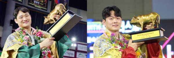 수원특례시청의 금강급 간판 김기수(왼쪽)와 한라급 박민교(용인특례시청). 대한씨름협회 제공