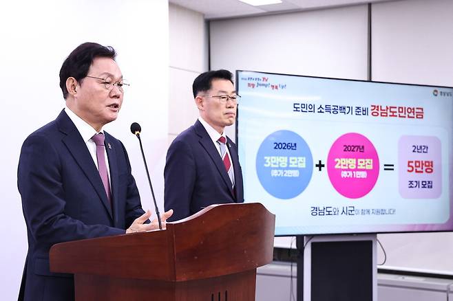 박완수 경남지사(왼쪽)가 10일 경남도청 프레스센터에서 경남도민연금 추가 확대에 대한 브리핑을 하고 있다. 경남도