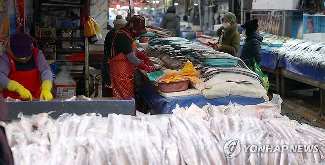 명절 앞둔 마산어시장 (창원=연합뉴스) 김동민 기자 = 설 명절을 앞두고 10일 경남 창원시 마산합포구 마산어시장에서 시민들이 설 제수를 구매하고 있다. 2026.2.10 image@yna.co.kr