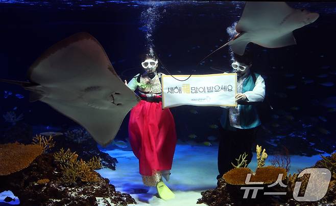 설 명절을 앞둔 11일 경기 수원시 영통구 아쿠아플라넷 광교에서 한복을 입은 아쿠아리스트들이 설 명절 인사를 하고 있다. 2026.2.11 ⓒ 뉴스1 김영운 기자