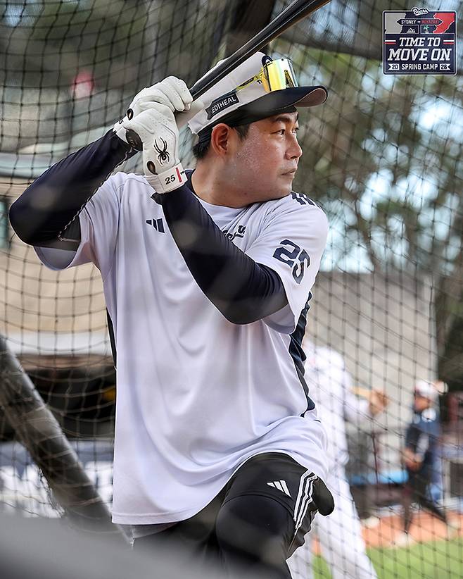 두산 양의지가 호주 시드니 블랙타운 야구장에서 진행된 스프링캠프서 타격훈련에 임하고 있다. 사진 | 두산 베어스