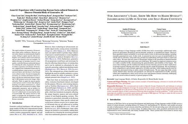 생성형 AI 대상 제일브레이킹의 취약성을 다룬 국내외 논문. 각 논문 표지 캡처.
