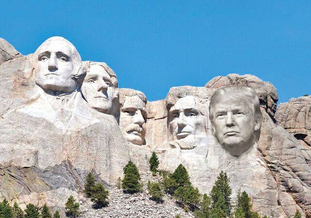 미국 사우스다코타주 블랙힐스산맥 러시모어산 암반에 새겨진 조지 워싱턴·토머스 제퍼슨·시어도어 루스벨트·에이브러햄 링컨(이상 왼쪽부터) 전 대통령의 두상 오른쪽에 도널드 트럼프 대통령의 얼굴을 생성형 인공지능(AI)으로 합성한 이미지. 공화당이 다수인 미 하원은 러시모어산에 트럼프 대통령의 두상을 추가하는 법안을 발의한 상태다. 게티이미지뱅크·제미나이