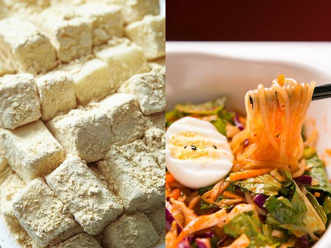 한식은 다양한 메뉴에서 서로 다른 형태의 쫄깃한 식감을 가지고 있다. 사진은 인절미와 쫄면 [게티이미지뱅크]