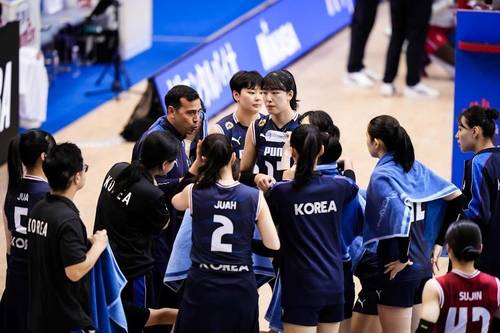 모랄레스 전 감독(중앙)의 작전 지시를 듣는 여자배구 대표팀 선수들 [FIVB 홈피 캡처. 재판매 및 DB 금지]