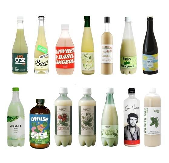 (위) 너디 호프, 너드 바질 스파클링, 나루 딸기바질 막걸리, 문삼이공 바질막걸리, 지중해 핑크, 바질리, 행복의 시
(아래) 바질페스토 막걸리, 이시보 바질 첨벙, 토마토 바질막걸리, 스위트 바질막걸리, 스파클링 바질막걸리, 체바모스, 바질막걸리 [출처 : 제조사 홈페이지]