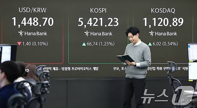 12일 서울 중구 하나은행 딜링룸 전광판에 코스피 등 시황이 표시되고 있다. 이날 코스피는 전 거래일 대비 70.90p(1.32%) 상승한 5425.39, 코스닥은 7.68p(0.69%) 상승한 1122.55에 거래를 시작했다. 2026.2.12 ⓒ 뉴스1 김도우 기자