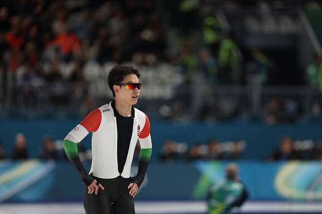 11일(현지 시각) 이탈리아 밀라노 스피드스케이팅 스타디움에서 열린 2026 밀라노ㆍ코르티나담페초 동계올림픽 스피드스케이팅 남자 1000m 경기에 출전한 헝가리 김민석의 모습. [연합]