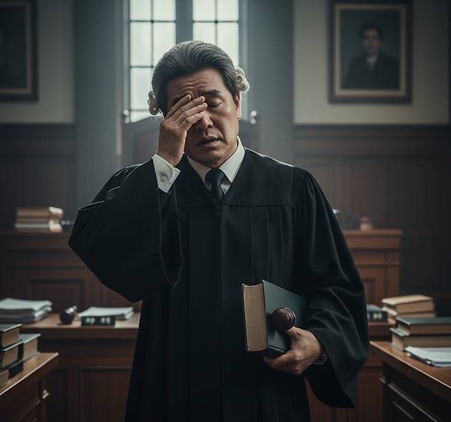 재판을 마친 후 피곤한 표정으로 법정을 떠나는 한 판사의 모습.&nbsp;AI 생성 이미지
