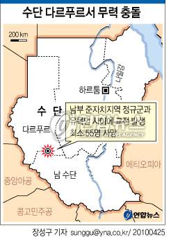 <그래픽> 무력충돌이 빚어진 수단 서부 다르푸르 (서울=연합뉴스) 2010년 4월 당시 수단 서부 다르푸르 지역에서 남부 준자치지역 정규군과 유목민 사이에 교전이 발생해 최소 55명이 숨졌다고 이 지역의 한 부족장이 AFP 통신에 전했다. sunggu@yna.co.kr