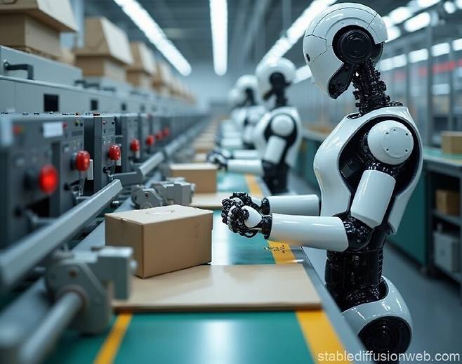 인공지능에 대한 우려는 단순히 일자리가 사라지는 문제를 넘어 정체성의 위기로 확장됐다. 생성형 인공지능 스테이블디퓨전에 휴머노이드 로봇이 상자 포장재 생산 기계를 조작하고 있는 모습을 주문해 얻은 그림.