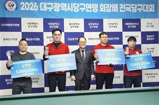 ‘2026 대구연맹회장배 전국당구대회’ 입상자와 대회 관계자가 시상식서 기념촬영하고 있다. (왼쪽부터) 공동3위 박길용, 우승 정왕주, 대구당구연맹 한상호 회장, 준우승 최문호, 공동3위 정진욱. (사진=대구당구연맹)