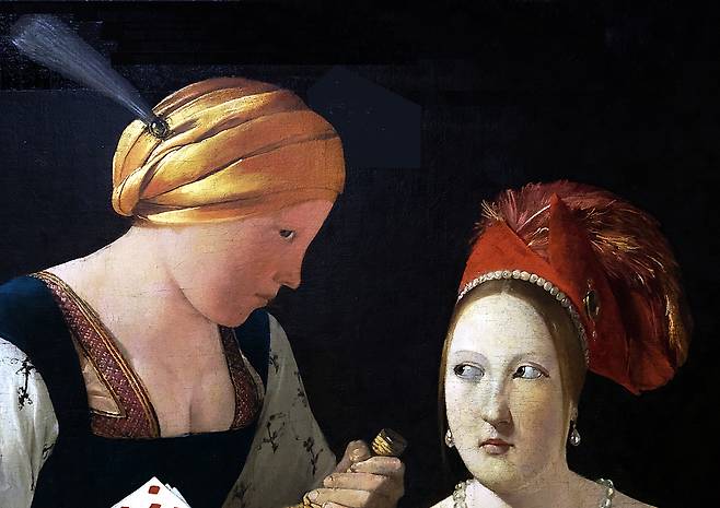 조르주 드 라 투르, 다이아몬드 에이스를 가진 사기꾼(일부 확대), 1635, 캔버스에 유채, 106x146cm, 루브르 박물관