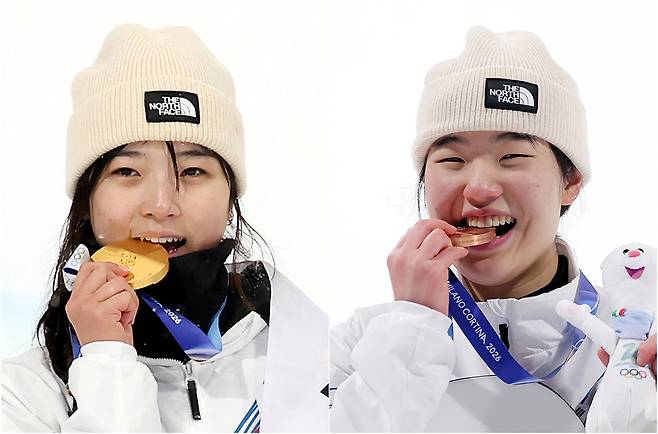 (왼쪽) 최가온이 12일 이탈리아 리비뇨 스노파크에서 열린 2026 밀라노·코르티나담페초 동계올림픽 스노보드 여자 하프파이프 금메달을 획득 후 시상식 세리머니 모습. (오른쪽) 유승은이 지난 10일 이탈리아 리비뇨 스노파크에서 열린 2026 밀라노·코르티나담페초 동계 올림픽 스노보드 여자 빅에어 동메달을 획득 후 시상식 세리머니 모습. 리비뇨=뉴스1
