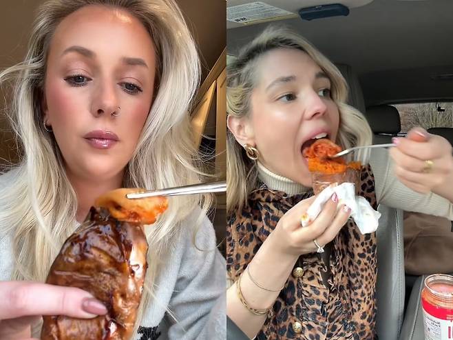 군고구마에 김치를 얹어 먹는 인플루언서 코트니 쿡 베일스(오른쪽)와 소피 더글러스./틱톡