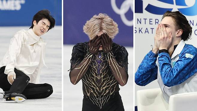 13일(현지시간) 이탈리아 밀라노 아이스스케이팅 아레나에서 열린 2026 밀라노ㆍ코르티나담페초 동계올림픽 남자 싱글 프리 스케이팅에 출전한 차준환, 미국 일리야 말리닌, 카자흐스탄 미하일 샤이도로프(왼쪽부터). 김종호 기자, [연합뉴스]