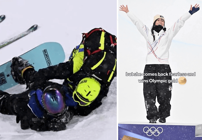 밀라노 코르티나담페초 동계올림픽 스노보드 1차 시기에서 부상을 입고 쓰러진 최가온. 하지만 포기하지 않고 다시 일어선 끝에 금메달을 목에 걸었다. FIS SNS