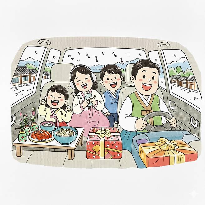 이정국 기자가 인공지능(AI) 제미나이에게 “설날 고향에 가는 가족이 차 안에서 즐겁게 음악을 듣는 장면을 신문용 삽화에 맞게 그려줘”라는 지시어를 입력해 생성한 이미지.