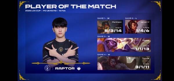 15일 종로 치지직 롤파크 LCK아레나에서 열린 2026 LCK컵 플레이오프 2라운드에서 BNK 피어엑스가 T1을 3:1로 꺾고 3라운드에 진출했다. (BNK피어엑스 & T1 =3:1 /POM=렙터). /사진=네이버 치지직 라이브영상 캡처