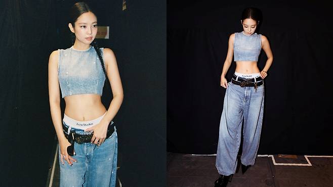 벨트 2개를 겹쳐 착용한 스타일링이 돋보이는 블랙핑크 제니의 무대 의상. /제니 인스타그램