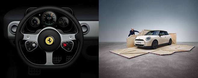 페라리 루체 실내(왼쪽)와 디 올-일렉트릭 MINI 쿠퍼 SE 폴 스미스 에디션 / 출처=각사