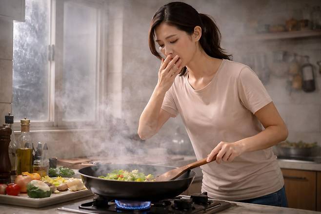 환기가 안되는 환경에서 요리를 하면 폐암 발생 위험을 높일 수 있다. AI 생성 이미지