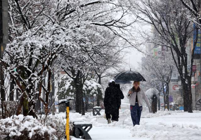 ▲ 강원 산간과 동해안에 대설특보가 내려진 16일 강원 강릉시 교동 솔올택지에서 주민들이 조심스럽게 걸어가고 있다. 연합뉴스