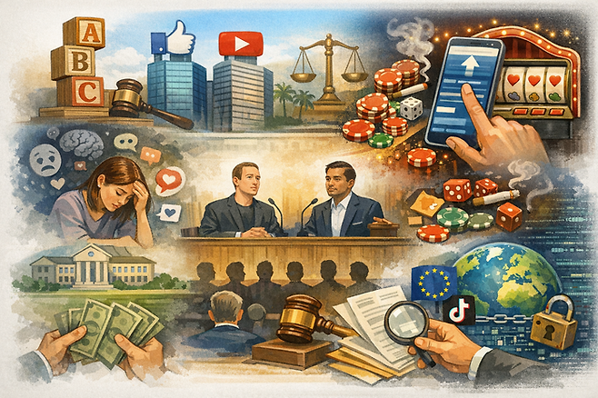 美 ‘청소년 중독 설계’ 첫 대형 배심 재판 본격화 [그림=챗GPT]