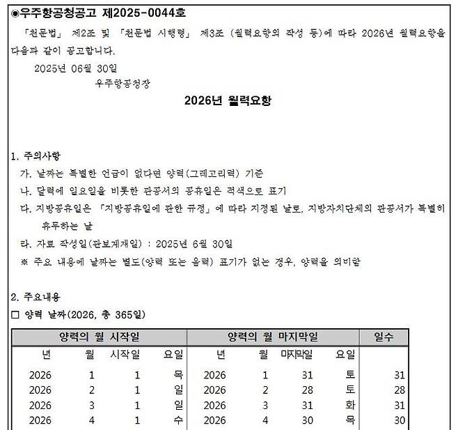관보에 실린 '2026년 월력요항' 첫페이지 [관보 캡처]