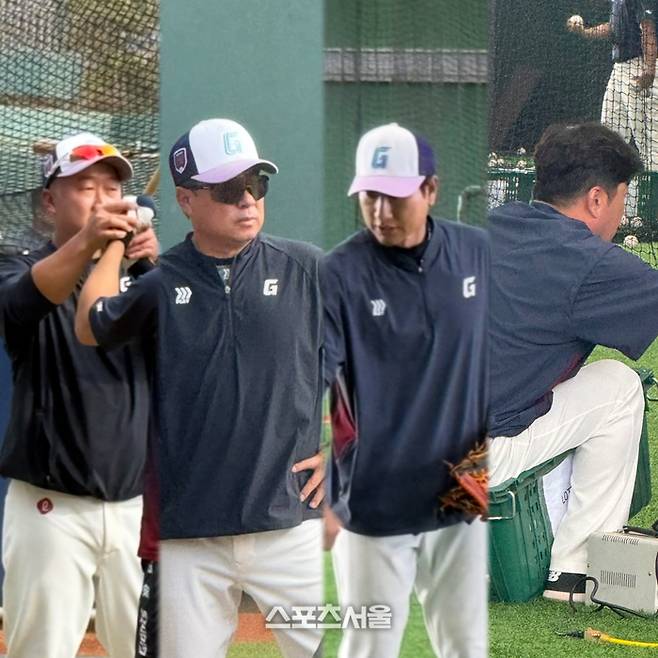 왼쪽부터 이병규, 김태형 감독, 이현곤, 문규현 코치가 지도하는 모습. 타이난 | 박연준 기자 duswns0628@sportsseoul.com