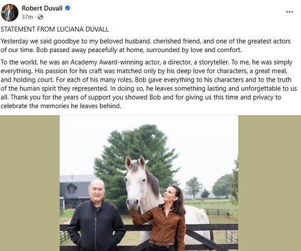 로버트 듀발의 부고 소식을 전한 유족의 SNS 글. 페이스북 캡처