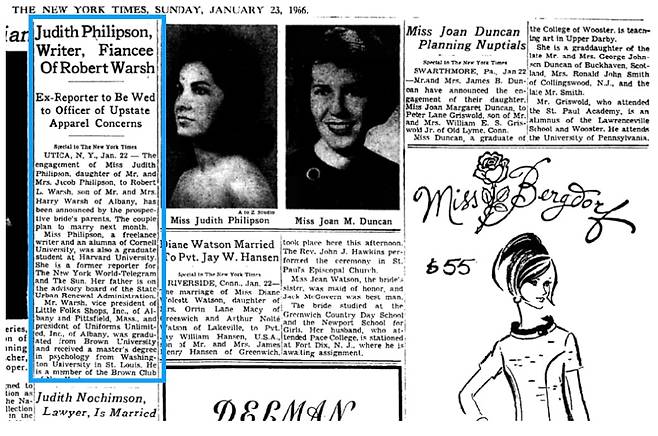 케빈 워시 부모님의 약혼 소식을 전한 1966년 1월 23일 뉴욕타임스 청첩 지면.(파란 사각형 안) 아버지는 브라운대와 워싱턴대 대학원을 졸업한 사업가, 어머니는 코넬대와 하버드대 대학원을 졸업한 전직 기자이자 작가라고 소개되어 있다. /뉴욕타임스