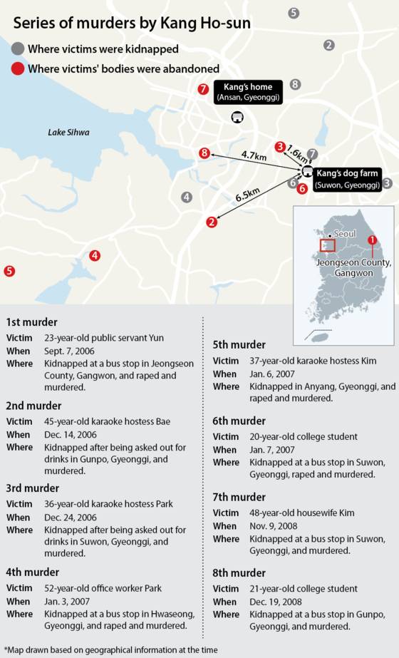The map shows where Kang Ho-sun kidnapped eight random victims and abandoned their bodies. [YUN YOUNG]