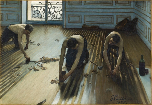 귀스타브 카유보트, ‘마루 깎는 사람들’ (Les raboteurs de parquet · The Floor Scrapers). 1875년. 캔버스에 유채. 102 x 146.5 cm. 오르세 미술관 소장.