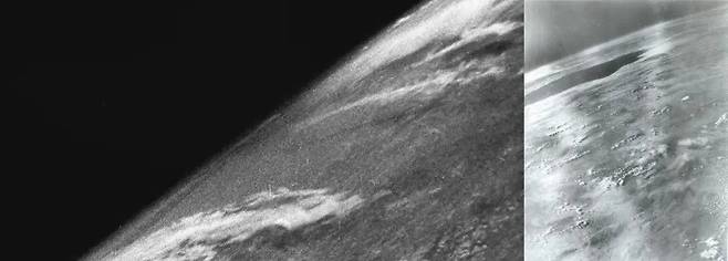 로켓에 설치한 카메라를 이용해 처음으로 지구 곡률을 촬영한 사진. 왼쪽은 1946년 105km 고도에서, 오른쪽은 1947년 160km 고도에서 찍은 것이다. 위키미디어 코먼스