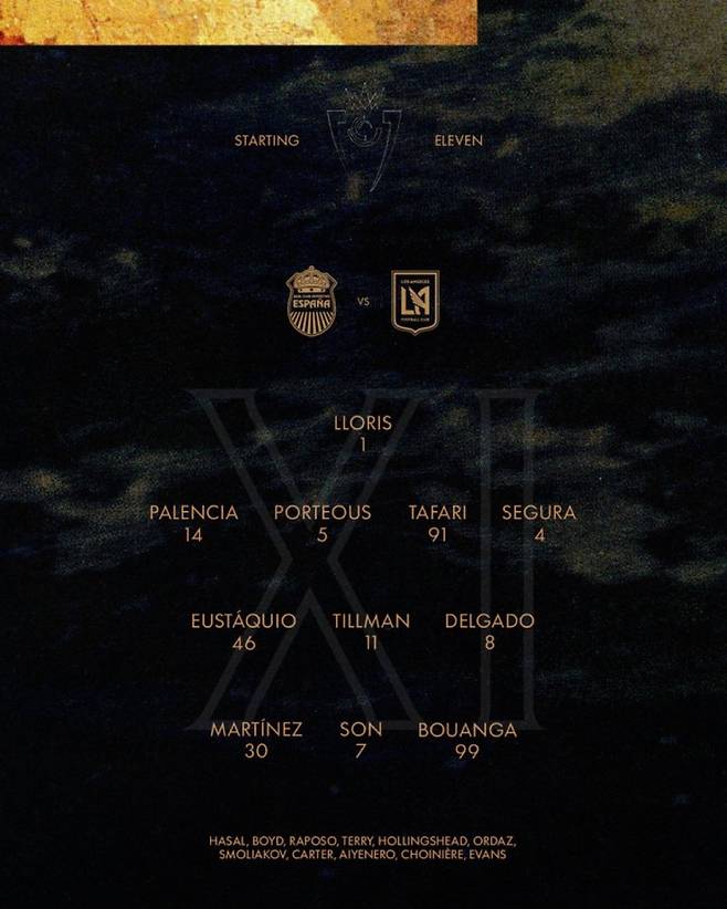 2026시즌 북중미카리브축구연맹(CONCACAF) 챔피언스컵 1라운드 LAFC 선발 라인업. 사진=LAFC