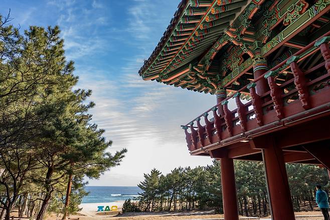 Wolsongjeong Pavilion stands among pine trees overlooking Wolsongri Beach. [GNC 21]