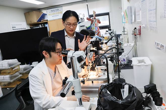 서울대병원 인턴 과정에 있는 박준석(왼쪽)씨가 지난 12일 지도 교수인 최형진 서울대 교수와 함께 실험을 하고 있다. 의사과학자가 목표인 박씨는 전공의 과정 이후 전문연구요원으로 연구 활동을 이어갈 계획이었다. 하지만 최근 정부가 의사과학자까지 군의관으로 선발하면서 꿈이 좌절될 위기에 놓였다. / 고운호 기자