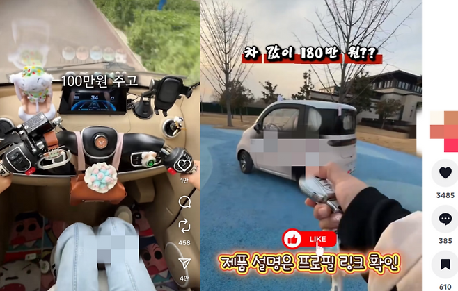 인스타그램, 틱톡 등 SNS에 동영상 형태로 게재된 '초소형 전기차' 광고 글. SNS 캡처&nbsp;