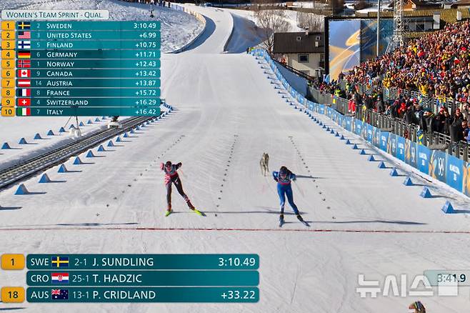 [테세로=AP/뉴시스] 18일(현지 시간) 이탈리아 테세로 크로스컨트리 스타디움에서 열린 2026 밀라노·코르티나담페초 동계올림픽 크로스컨트리 스키 여자 팀 스프린트 프리 예선 경기에 개 한 마리가 결승선으로 질주하고 있다. 사진은 올림픽 중계 방송사 OBS가 제공한 영상 속 한 장면. 2026.02.19.