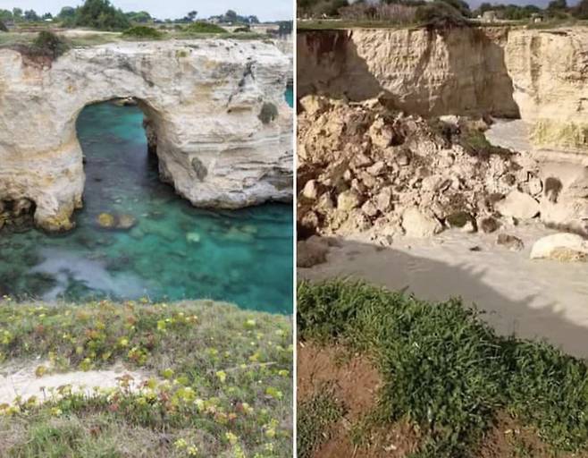 [뉴시스]이탈리아의 유명 관광지인 '연인의 아치' 모습. 왼쪽이 무너지기 전, 오른쪽이 무너진 후. (사진 = 온라인 커뮤니티 캡처) *재판매 및 DB 금지