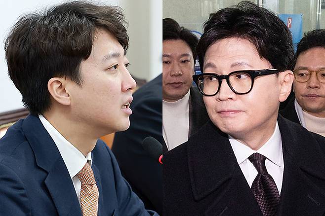 개혁신당 이준석 대표(왼쪽), 국민의힘 한동훈 전 대표. 황진환 기자·연합뉴스