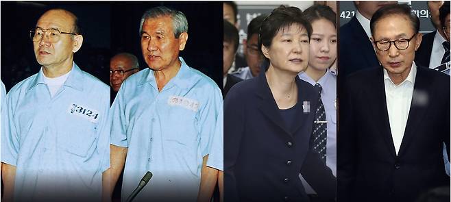 12·12 군사반란을 일으켜 민주 헌정 질서를 무너뜨리고 권력을 찬탈했던 전두환(왼쪽부터)·노태우 전 대통령도, 국정농단과 부정부패로 각각 재판에 넘겨졌던 박근혜·이명박 전 대통령도 서울 서초동 서울중앙지법 417호 형사대법정에서 법의 심판을 피할 수 없었다. 19일 내란 수괴 혐의로 1심에서 무기징역을 선고받은 윤석열 전 대통령은 헌정사상 다섯 번째로 이 법정에 선 전직 대통령으로 역사에 남게 됐다. 연합뉴스