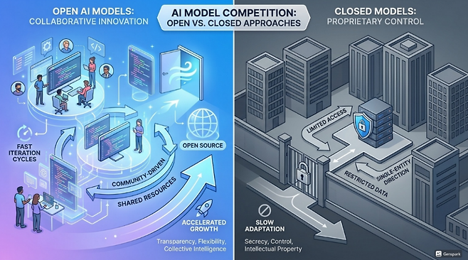 오픈 모델과 폐쇄형 모델의 경쟁 구도. 오픈 모델은 협업적이며 투명한 환경이지만 폐쇄형 모델은 제한적이고 폐쇄적인 구조적 한계를 지닌다. (이미지=젠스파크로 생성)