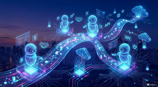AI 에이전트들이 표준화된 인터페이스를 통해 협업하는 미래의 에이전트 경제. (이미지=젠스파크로 생성)