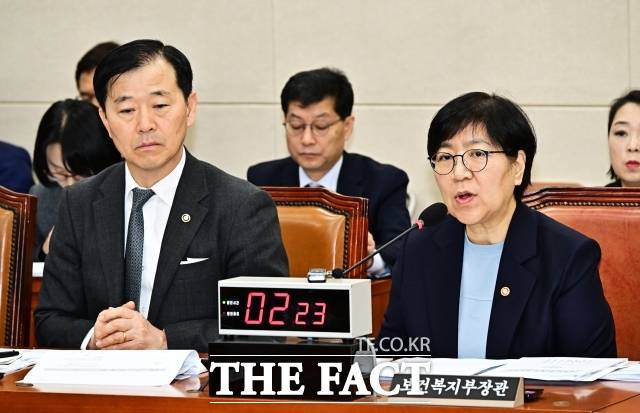 １９日、医療事故審議委委員会という機構を作って重過失を判断し、単純過失であれば検察に起訴自制を勧告する医療紛争調整法改正案の内容にも患者たちの懸念が大きい。写真はチョン・ウンギョン保健福祉部長官が2025年11月12日ソウル汝矣島国会で開かれた保健福祉委員会全体会議に出席し、質疑に答える姿。 /国会=割り当てた記者