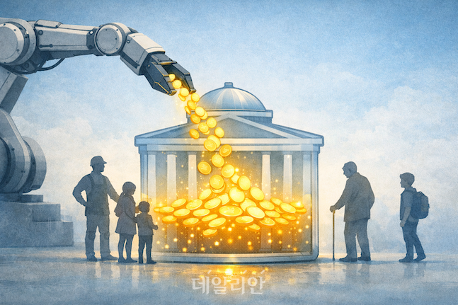 기계가 벌어들인 수익이 공공의 재원으로 흘러들 때, 기본소득의 가능성과 한계가 동시에 시험대에 오른다. ⓒ챗지피티